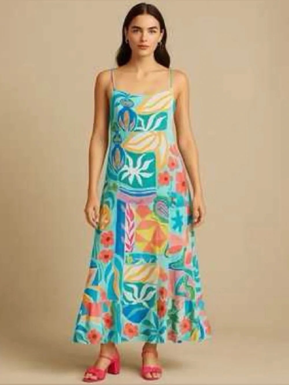 Paper Heart Anthropologie Multicolor Tropical Maxi Dress with Spaghetti Straps L - Picture 2 of 8